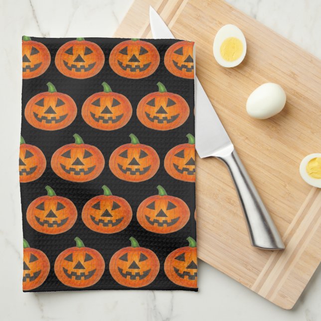 Black Orange Halloween Jack o Lantern Pumpkin Kitchen Towel (Quarter Fold)