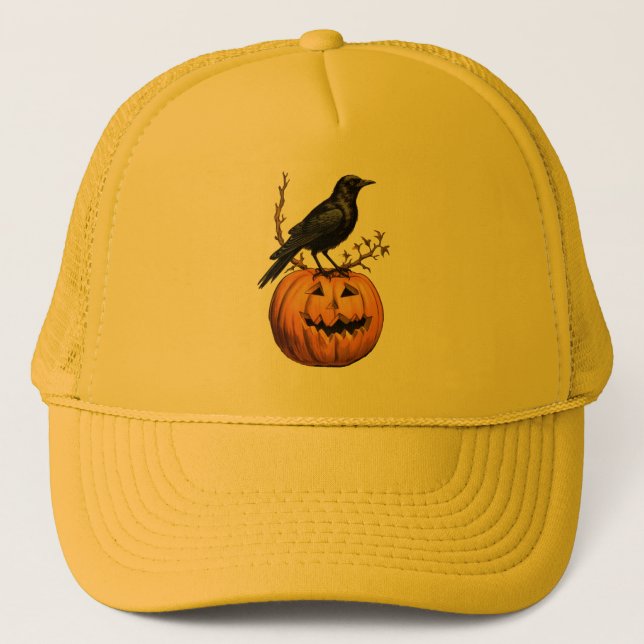 Black orange Halloween pumpkin bird Trucker Hat (Front)