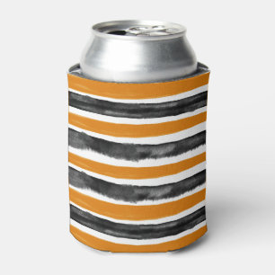Black & Orange Halloween Watercolor Stripes Fun Can Cooler