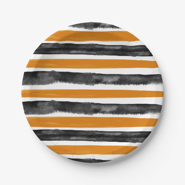 Black & Orange Halloween Watercolor Stripes Paper Plate (Front)