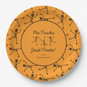 Black & Orange Hand Drawn Skeleton Halloween Paper Plate