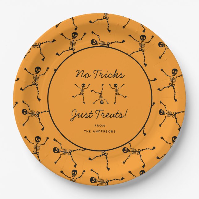 Black & Orange Hand Drawn Skeleton Halloween  Paper Plate (Front)