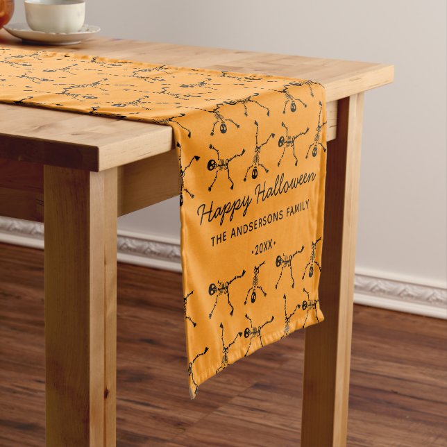 Black & Orange Hand Drawn Skeleton Halloween  Short Table Runner (In Situ)