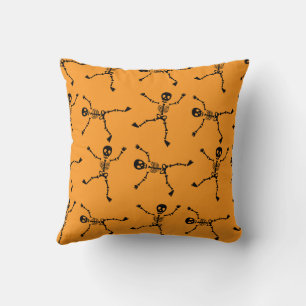 Black & Orange Hand Drawn Skeleton Happy Halloween Throw Pillow