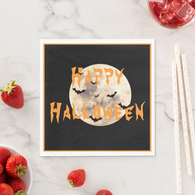 Black Orange Happy Halloween Moon Bats Napkin (Insitu)