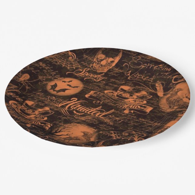 Black & Orange Haunted Halloween Paper Plates (Angled)