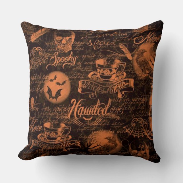 Black & Orange Haunted Halloween Throw Pillow (Front)