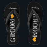 Black/Orange Heart Groom's Flip Flops<br><div class="desc">Fun,  custom wedding flip flops</div>