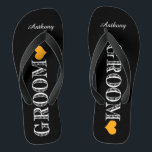 Black/Orange Heart Groom's Flip Flops<br><div class="desc">Fun,  custom wedding flip flops</div>