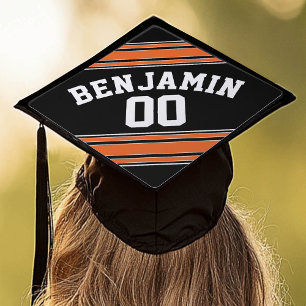 Black Orange Jersey Stripe Name U CAN CHANGE COLOR Graduation Cap Topper