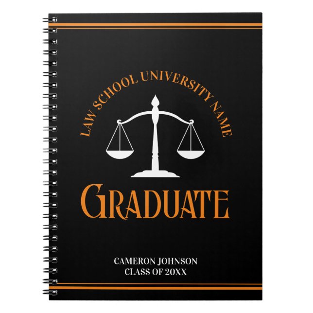 Black Orange Law School Custom Graduation Gift Notebook (Front)