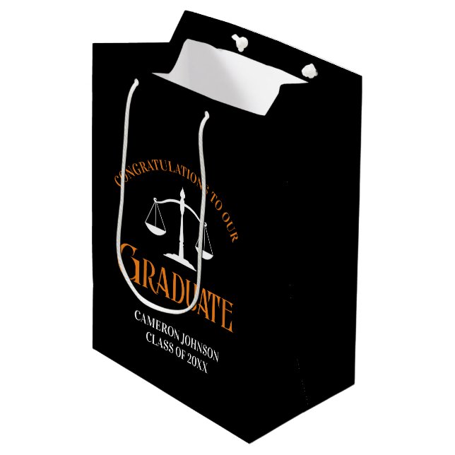 Black Orange Law School Custom Graduation Medium Gift Bag (Front Angled)