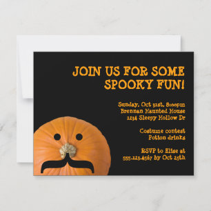 Black orange moustache pumpkin host Halloween part Invitation