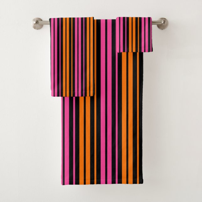 Black Orange Pink Vertical Stripes Design   Bath Towel Set (Insitu)