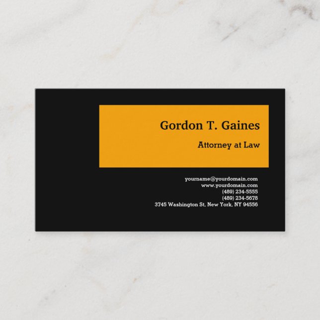 Black Orange Plain Professional Attorney at Law Business Card (Front)