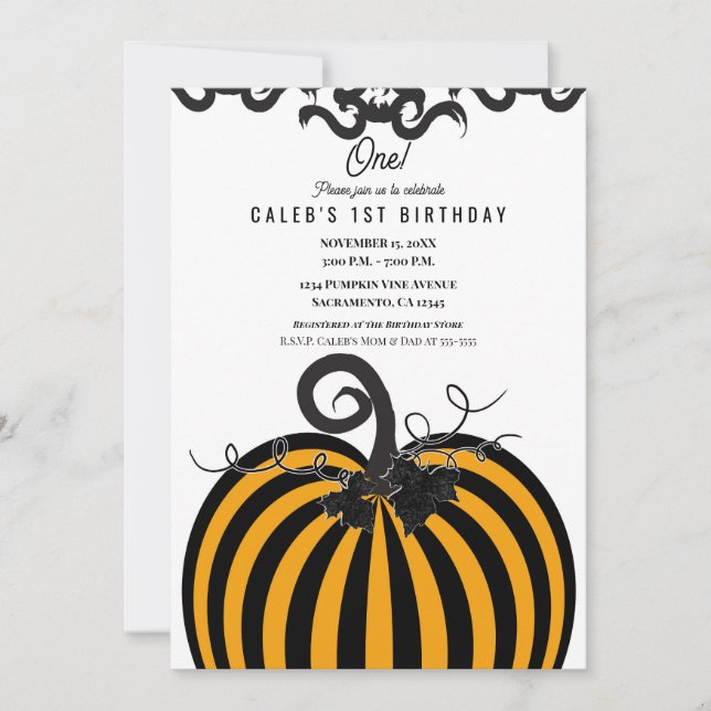 Black & Orange Pumpkin Autumn Fall 1st Birthday Invitation (Front)