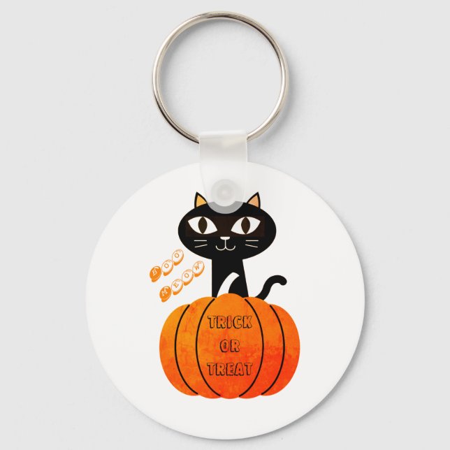 Black Orange Pumpkin Cat Cute Spooky Halloween Keychain (Front)