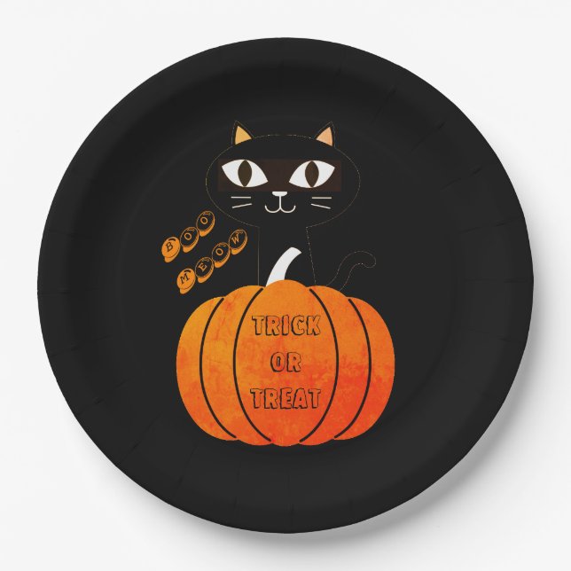 Black Orange Pumpkin Cat Spooky Cute Boo Halloween Paper Plate (Front)