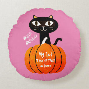 Black Orange Pumpkin Cat Spooky Cute Halloween Round Pillow