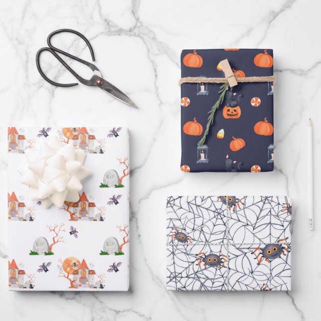 Black Orange Pumpkin Spider Grave Halloween Wrapping Paper Sheet (Front)
