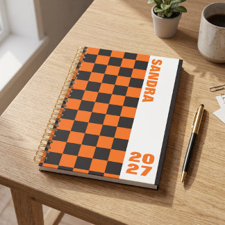 Black Orange Retro Chequerboard Custom Name Year Planner