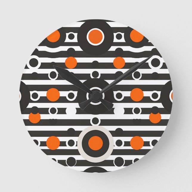 Black Orange Retro Circle Stripe Round Clock (Front)
