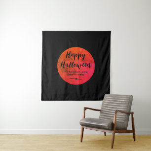 Black Orange Scary Full Moon Happy Halloween Tapestry