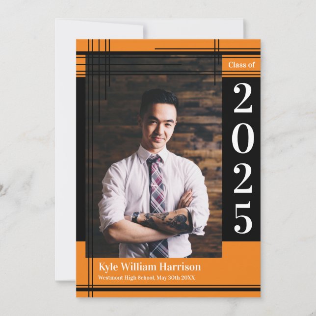 Black Orange School Colour Graduation Photo Plaid Invitation (Front)