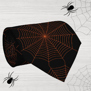 Black orange spider web Halloween pattern Tie