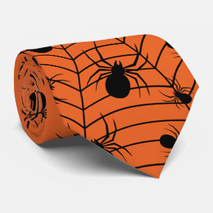Black Orange spiders spiderweb Halloween pattern Tie