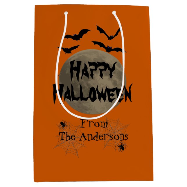 Black Orange Spooky Bats Spider Happy Halloween Medium Gift Bag (Front)
