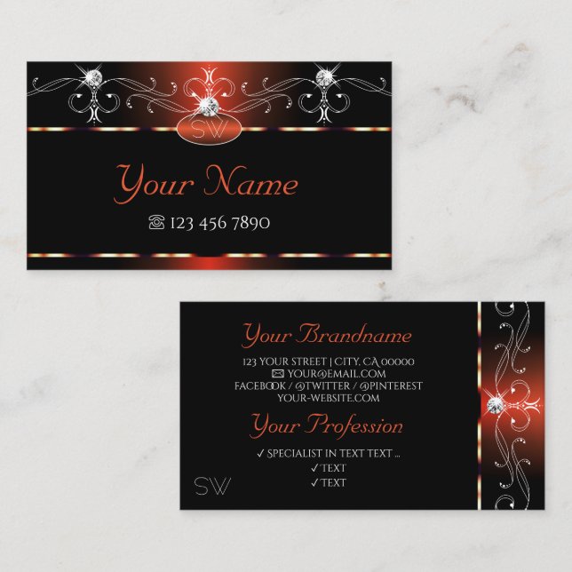 Black Orange Squiggles Sparkle Diamonds Initials Business Card (Front/Back)
