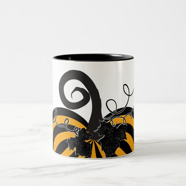 Black Orange Striped Pumpkin Chic Autumn Fall  Two-Tone Coffee Mug (Center)