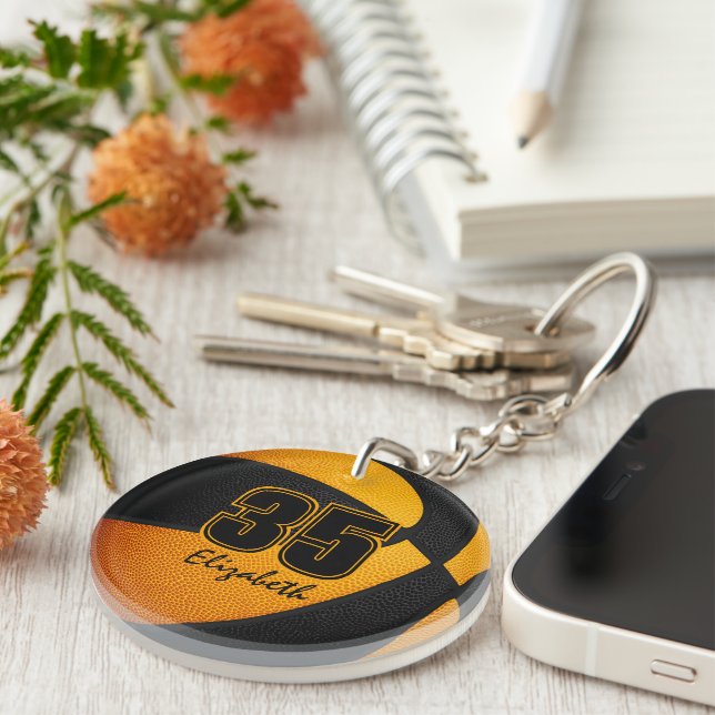 Black orange team colours girls boys basketball keychain (Front Right)