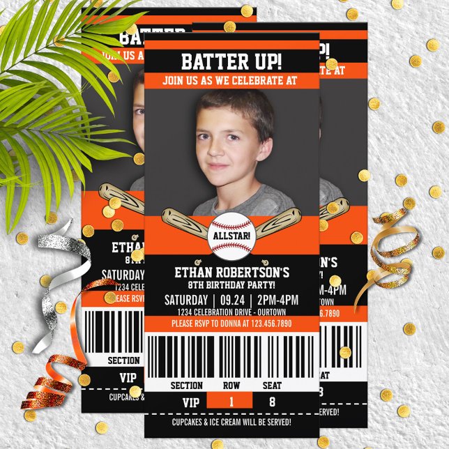 Black|Orange Ticket Style Baseball Birthday Party Invitation (Creator Uploaded)