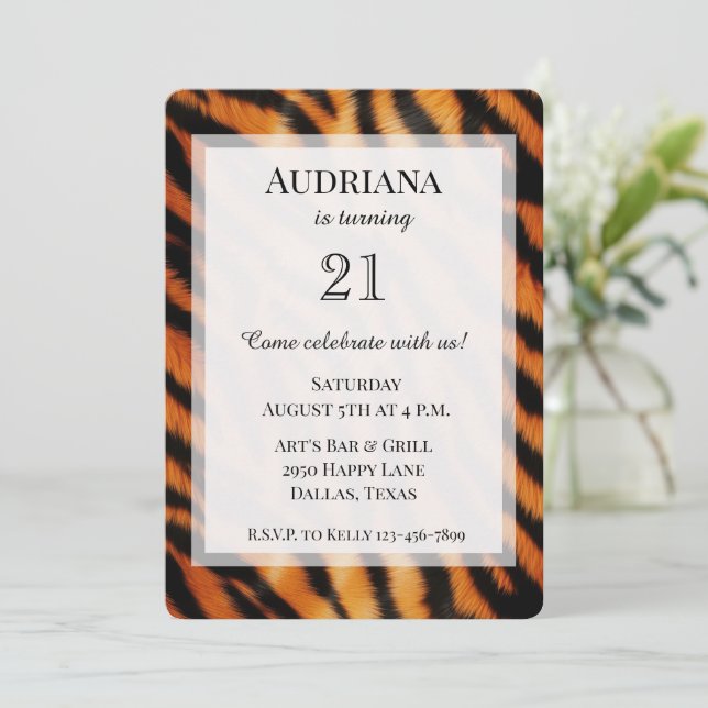 Black Orange Tiger Animal Print Birthday Invitation (Standing Front)