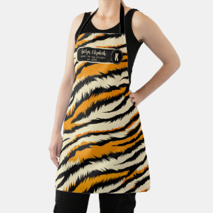 Black Orange Tiger Stripes Pattern Monogram Apron