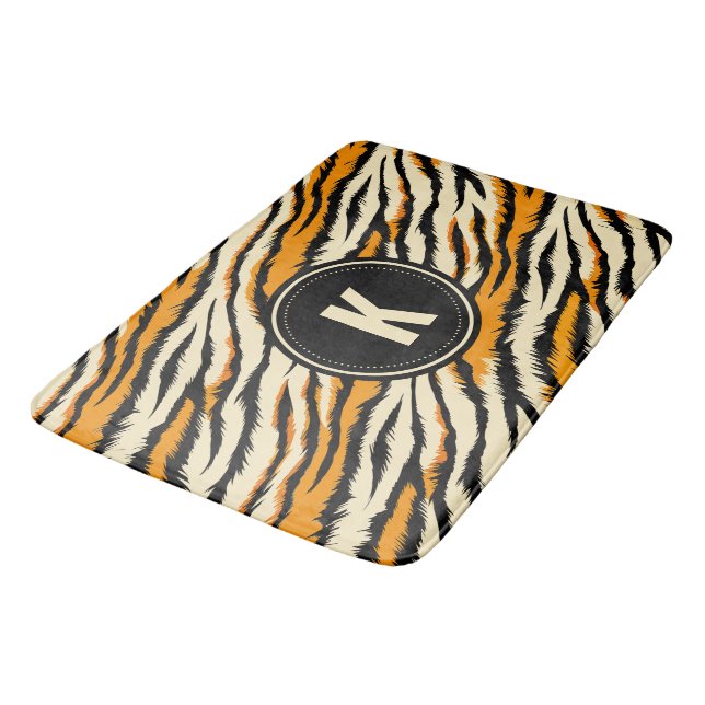 Black Orange Tiger Stripes Pattern Monogram Bath Mat (Angled)