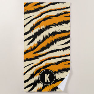 Black Orange Tiger Stripes Pattern Monogram Beach Towel