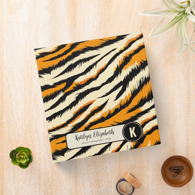 Black Orange Tiger Stripes Pattern Monogram Binder (In Situ)