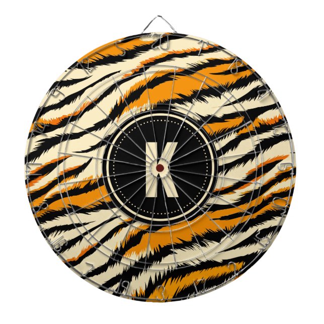 Black Orange Tiger Stripes Pattern Monogram Dartboard (Front)