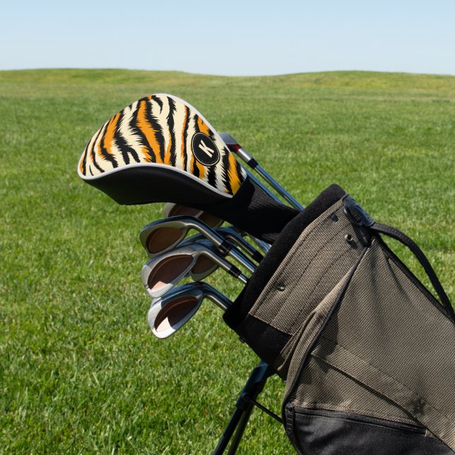 Black Orange Tiger Stripes Pattern Monogram Golf Head Cover (In Situ)