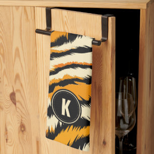 Black Orange Tiger Stripes Pattern Monogram Kitchen Towel