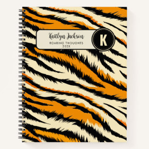 Black Orange Tiger Stripes Pattern Monogram Notebook