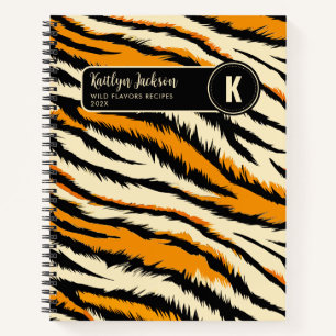 Black Orange Tiger Stripes Pattern Monogram Notebook