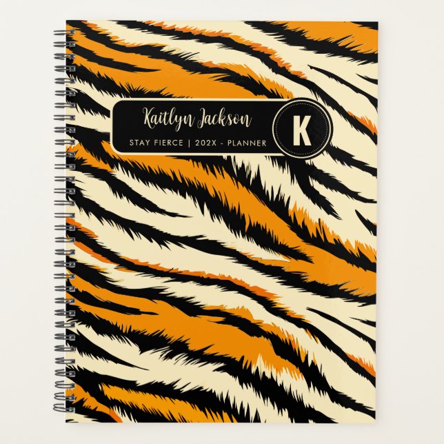 Black Orange Tiger Stripes Pattern Monogram Planner (Front)