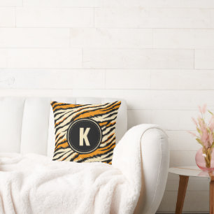 Black Orange Tiger Stripes Pattern Monogram Throw Pillow