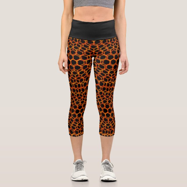 Black & Orange Trippy Geometric Pattern Cool Dark Capri Leggings (Front)
