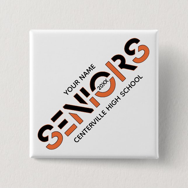 Black & Orange Two-Colour Seniors Sliced Letters 2 Inch Square Button (Front)