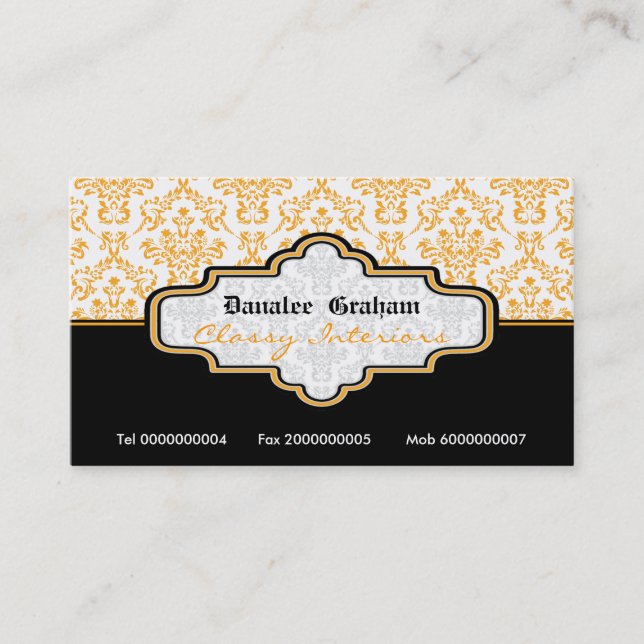 Black orange white damask interiors business card (Front)